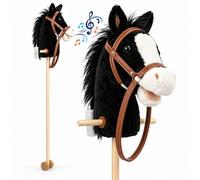 Relaxdays Cheval à bâton, noir | Jouet d'équitation, effets sonores, tête en peluche, poignées en bois, roulettes, H x L x P 95 x 20 x 20 cm, dès 3 ans