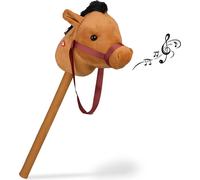 Relaxdays Cheval à bâton, tête de Cheval, Effet sonore, en Peluche et Plastique, 68 cm, Jouet Enfants, Brun Clair