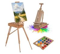 Relaxdays Chevalet de sol et de table, mallette de peinture, hêtre naturel | Réglable 147-180 cm, inclinaison 90°, toiles 46-85 cm, tiroir 4 compartiments, palette de mélange, pliable, bandoulière