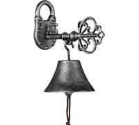 Relaxdays Cloche en Fonte, Design Antique, Motif Clef, avec Corde, Clochette pour l’extérieur, Noir - argenté