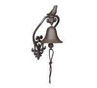 Relaxdays Cloche en Fonte, Design Antique, Motif Oiseau, avec Corde, Clochette pour extérieur, Accessoire Mural, Marron