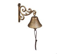 Relaxdays Cloche en Fonte, Design Antique, Sonnette Vintage pour Jardin, Corde, pour l’extérieur, Accessoire Mural, doré