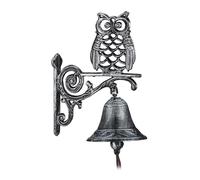 Relaxdays Cloche murale de porte Chouette fonte de fer, design antique, corde, argenté