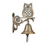 Relaxdays Cloche Murale de Porte Fonte de Fer, Chouette, Design Antique, avec Corde, résistant aux intempéries, doré