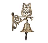 Relaxdays Cloche murale de porte fonte de fer, chouette, design antique, avec corde, résistant aux intempéries, doré
