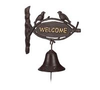 Relaxdays Cloche Sonnette Fonte Welcome Style Antique Lettres d’Or Enseigne Oiseaux Porte Maison & Jardin, Brun foncé, Marron