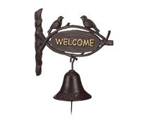 Relaxdays Cloche Sonnette Fonte WELCOME Style antique Lettres d’or Enseigne Oiseaux Porte Maison & Jardin, brun foncé