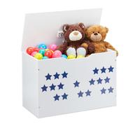 Relaxdays Coffre à jouets avec couvercle, rangement pour enfant, design étoilé, caisse à jeux, 40x60x30 cm, blanc/bleu