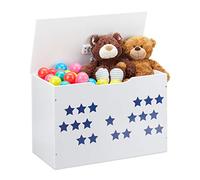relaxdays Coffre à jouets avec couvercle, rangement pour enfant, design étoilé, caisse à jeux, 40x60x30 cm, blanc/bleu
