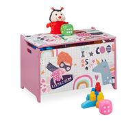 Relaxdays Coffre à Jouets, avec Motif d'héroïne, Coffre à Jouets avec Couvercle, HxLxP : 39x60x36,5 cm, MDF, Rose/Blanc