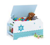Relaxdays Coffre à Jouets, Motif Maritime, Malle, Couvercle, HLP : 46x84x42,5 cm, Range-Livres, bac Peluches, Bleu-Blanc