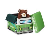Relaxdays Coffre à jouets Happy Bus, 32x48x32 cm, tabouret en simili cuir, rangement, couvercle amovible, vert