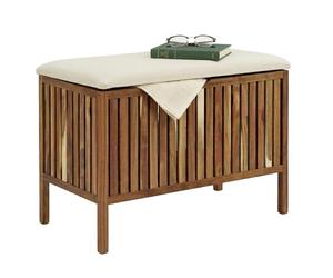 Relaxdays coffre à linge avec siège, banc de salle de bain, marron/blanc | Panier à linge de 80 l, dimensions H x L x P : 56 x 78 x 39 cm, bois d'acacia, tissu