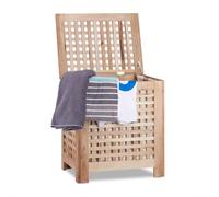Relaxdays 10020619 Coffre à linge en noyer avec couvercle sac amovible 70 Litres panier à linge bois corbeille, nature - HxlxP: 55,5 x 52,5 x 39,5 cm