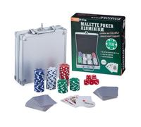 Relaxdays Coffre de Poker, 100 jetons sans Valeur, 2 Jeux Cartes, 5 dés, Bouton Croupier, verrouillable, argenté