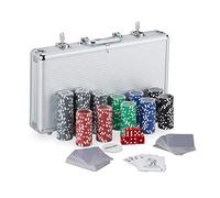 relaxdays Coffret de Poker, 300 jetons Laser, 2 Paquets de Cartes, 5 dés, Bouton de Dealer, Coffre en Aluminium, argenté