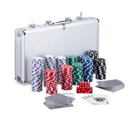 Relaxdays Coffret de poker, 300 jetons laser, 2 paquets de cartes, 5 dés, bouton de dealer, coffre en aluminium, argenté