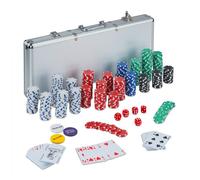 Relaxdays Coffret de Poker, 500 jetons sans Valeur, 2 Jeux de Cartes, 5 dés, Lot de Badges, à Fermer, Aluminium, argenté