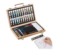 Relaxdays Coffret pour peinture, avec 56 pièces, gomme et aiguisoir, en bois, crayons à mine et couleur,aquarelle