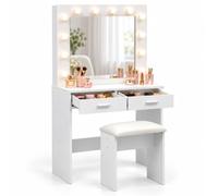 Relaxdays Coiffeuse avec Tabouret, Miroir Hollywood éclairé, Blanche | 2 tiroirs, 3 modes d'éclairage, luminosité réglable, H x L x P : 140 x 80 x 40 cm, coiffeuse