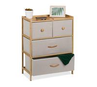 Relaxdays Commode à 4 tiroirs, HLP : 73 x 57,5 x 30 cm, meuble de rangement, bambou et tissu, beige/nature