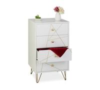 Relaxdays Commode à 4 tiroirs, HLP : 86 x 48 x 39 cm, MDF et métal, pour Chambre, Salon, Meuble d'appoint, Blanc/doré