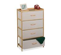Relaxdays Commode à 4 tiroirs, HxLxP : 94 x 58 x 32,5 cm, Meuble de Rangement, Bambou et Tissu, Beige/Nature