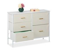 Relaxdays Commode à 5 tiroirs, HLP : 76 x 100 x 31 cm, Meuble de Rangement, Chambre, Couloir, métal, Tissu, Blanc/doré