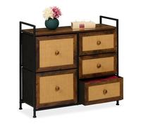 Relaxdays Commode à 5 tirors, aspect rotin, chambre, couloir, HLP : 77x85x31,5 cm, meuble de rangement, marron/noir