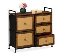 Relaxdays Commode à 5 tirors, Aspect rotin, Chambre, Couloir, HLP : 77x85x31,5 cm, Meuble de Rangement, Marron/Noir