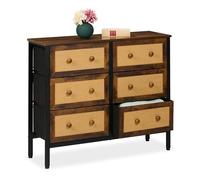 Relaxdays Commode à 6 tiroirs, Aspect rotin, pour Chambre, Couloir, Salon, HLP : 83x100x32 cm, métal, Marron/Noir