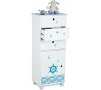 Relaxdays Commode pour Enfants, Design Maritime, 3 tiroirs et 1 Placard, étagère Chambre, HLP 105x42x30 cm, Blanc-Bleu