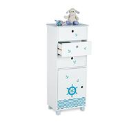 Relaxdays Commode pour Enfants, Design Maritime, 3 tiroirs et 1 Placard, étagère Chambre, HLP 105x42x30 cm, Blanc-Bleu
