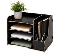 Relaxdays corbeille à courrier A4, noir | range-dossiers avec 4 compartiments, porte-stylo, 23 x 31,5 x 29 cm, MDF