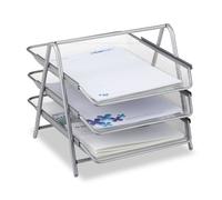 Relaxdays Corbeille à documents en métal, bac à courrier à 3 compartiments, plateau de bureau design en maille pour documents A4, argenté, 35,5 x 29,5 x 27 cm