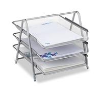 Relaxdays Corbeille à documents en métal, bac à courrier à 3 compartiments, plateau de bureau design en maille pour documents A4, argenté, 35,5 x 29,5 x 27 cm