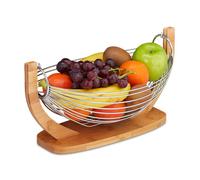 Relaxdays Corbeille à fruits Hamac bambou, barres inox, Balançoire, design grille déco,18,5 x 38 x 23 cm, nature/argent