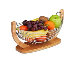 Relaxdays Corbeille à fruits Hamac bambou, barres inox, Balançoire, design grille déco,18,5 x 38 x 23 cm, nature/argent