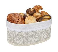 Relaxdays Corbeille à Pain en Bambou, Insert Tissu, Motif Floral, Croissants, Panier Ovale, Petit-déjeuner, Gris-Blanc