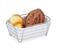 Relaxdays Corbeille à pain, métal av. insert en tissu, carré, panier pour viennoiseries, HLP 10 x 23,5 x 17 cm, blanc