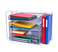 Relaxdays Corbeille courrier métal A4, 4 Compartiments, 2 Range-dossiers, 30x49,5x24,5 cm, Organiseur, Argent