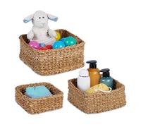 Relaxdays Corbeille de Rangement, Lot de 3, zostère, 3 Tailles, Design tressé, Salle de Bain, panière carrée, Nature