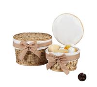 Relaxdays Corbeille de salle de bain panier de rangement couvercle lot de 2 rond en bois buri tressé main, nature