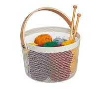 Relaxdays Corbeille en métal, Ronde, Panier de Rangement Aspect Maille et Bois, Organiser Cuisine, Salle de Bain, Blanc