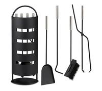 Relaxdays Serviteur de cheminée 5 pièces, tisonnier, Pelle à Cendres, balais, Pince et Support, Accessoires de cheminée, Noir/argenté