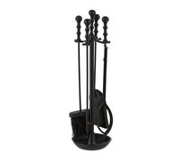 Relaxdays Couverts de cheminée, Lot de 5 pièces, tisonnier, Pelle & Balai à Cendres, Pince, Support, Socle Rond, Noir