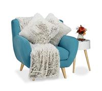Relaxdays Couverture style fausse fourrure et 2 coussins fausse peau poils déco canapé salon synthétique, blanc-brun