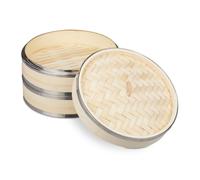 Relaxdays Cuiseur vapeur bambou, 2 niveaux, anneaux en métal, panier asiatique, riz, dimsum, légumes, Ø 24 cm, nature