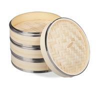 Relaxdays Cuiseur vapeur bambou, 3 niveaux, anneaux en métal, panier asiatique, riz, dimsum, légumes, Ø 24 cm, nature