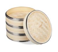 Relaxdays Cuiseur vapeur bambou, 3 niveaux, anneaux en métal, panier asiatique, riz, dimsum, légumes, Ø 24 cm, nature